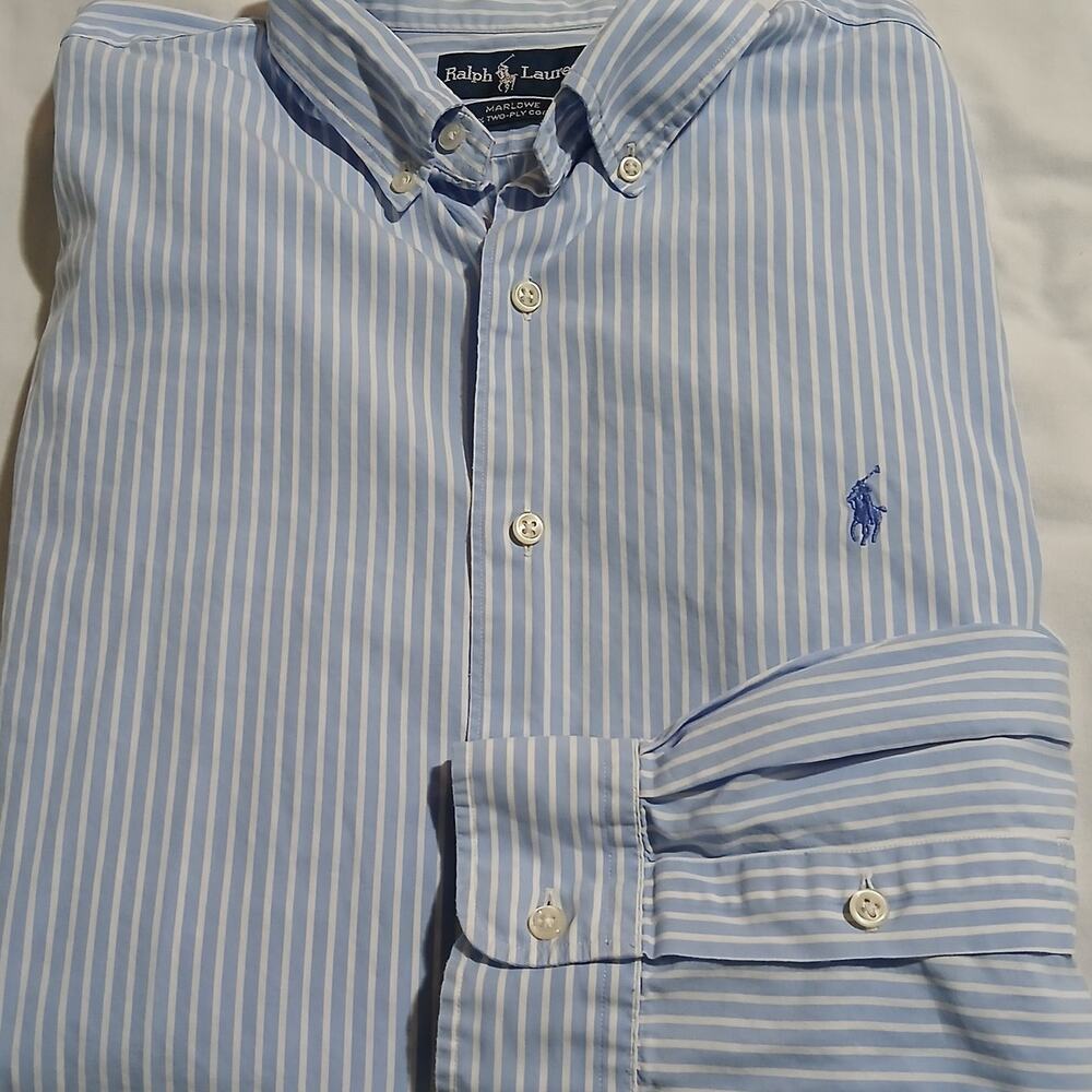 Ralph Lauren Men's XL Marlowe 100% 2-ply Cotton Blue Striped Button-Down Shirt